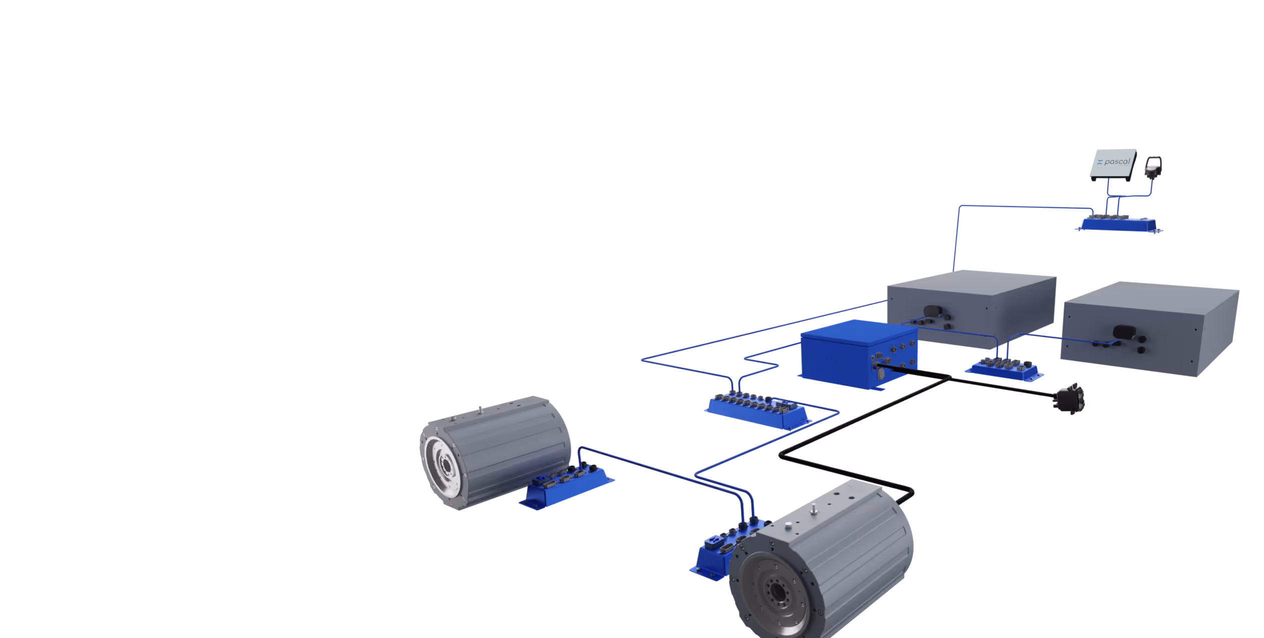 Schematic illustration of an electric vehicle powertrain system including two electric motors connected through wiring to control units and a power supply module.