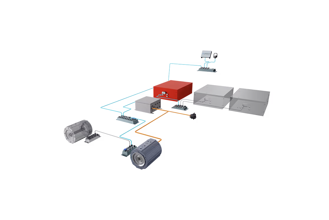 3D schematic of a mechanical assembly showing interconnected components in grey, red, blue, and orange.
