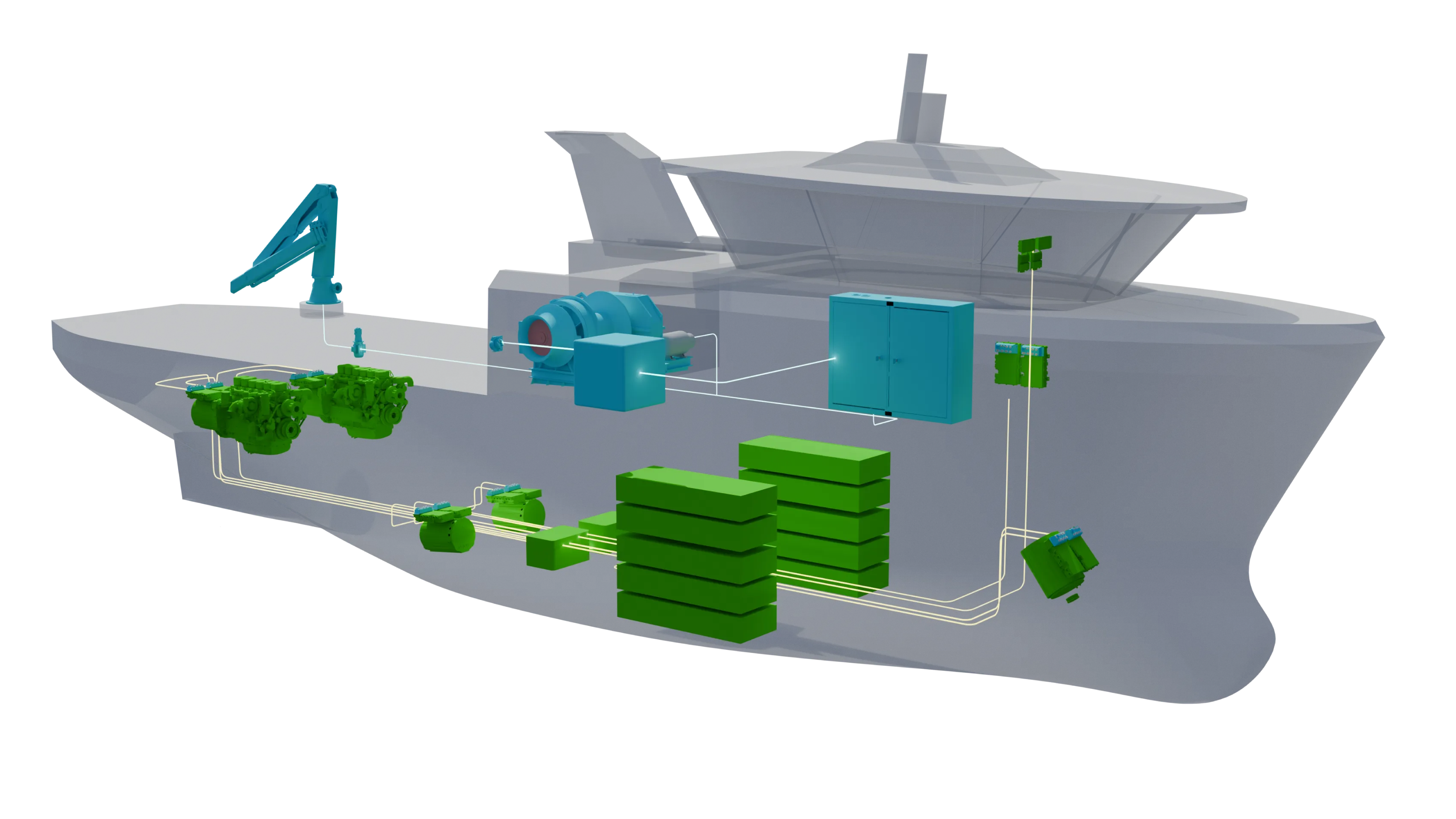 Cutaway of a vessel showing the Pascal electric and hybrid powertrain: battery packs, generators, propulsion and hubs connected by a wiring harness