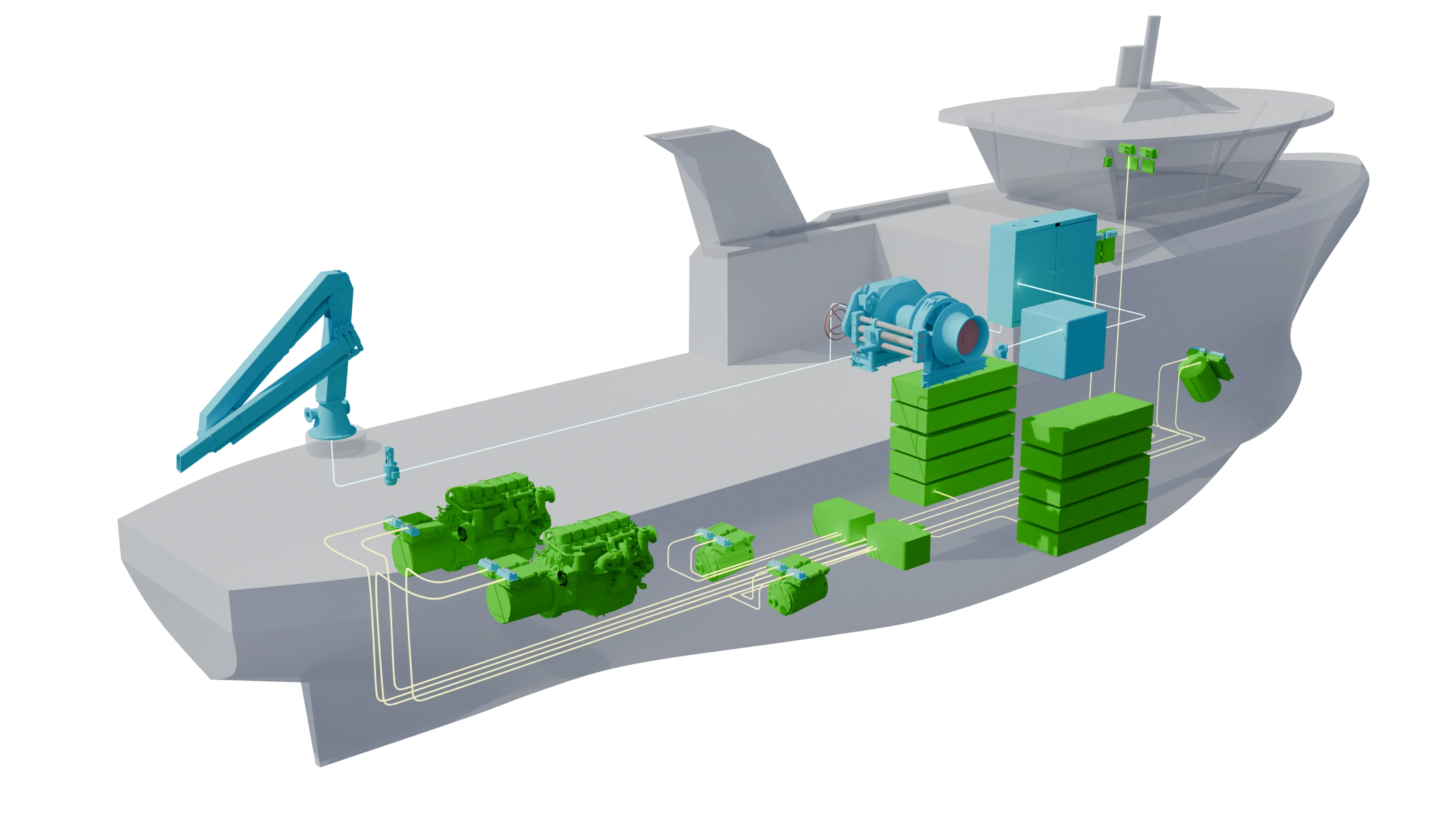 Vessel cutaway with the Pascal Powertrain Platform installed: battery modules, generator sets, propulsion motors and distribution hubs linked by pre-terminated cabling