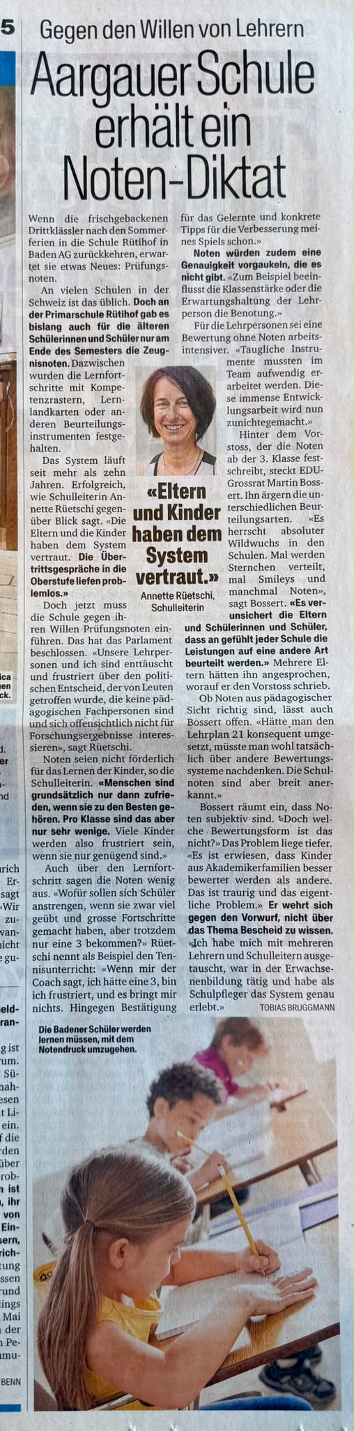Bericht im Blick über Schulnoten im Kanton Aargau 