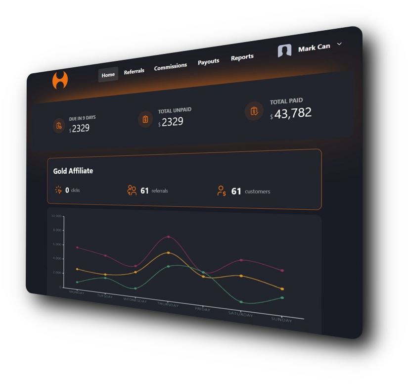 A screen shot showing the affiliate dashboard. View earnings and data.