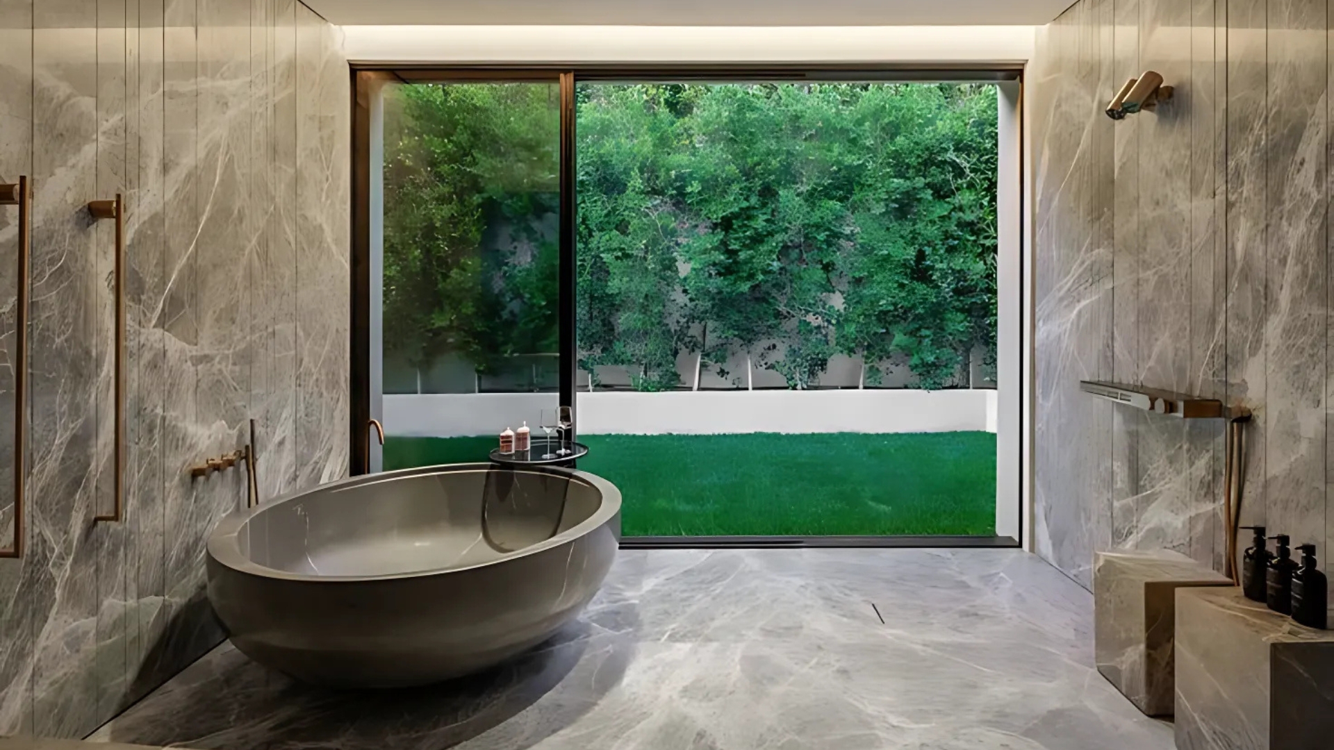 Modern bathroom with glass shower and wood accents after professional bathroom remodeling services in Malibu