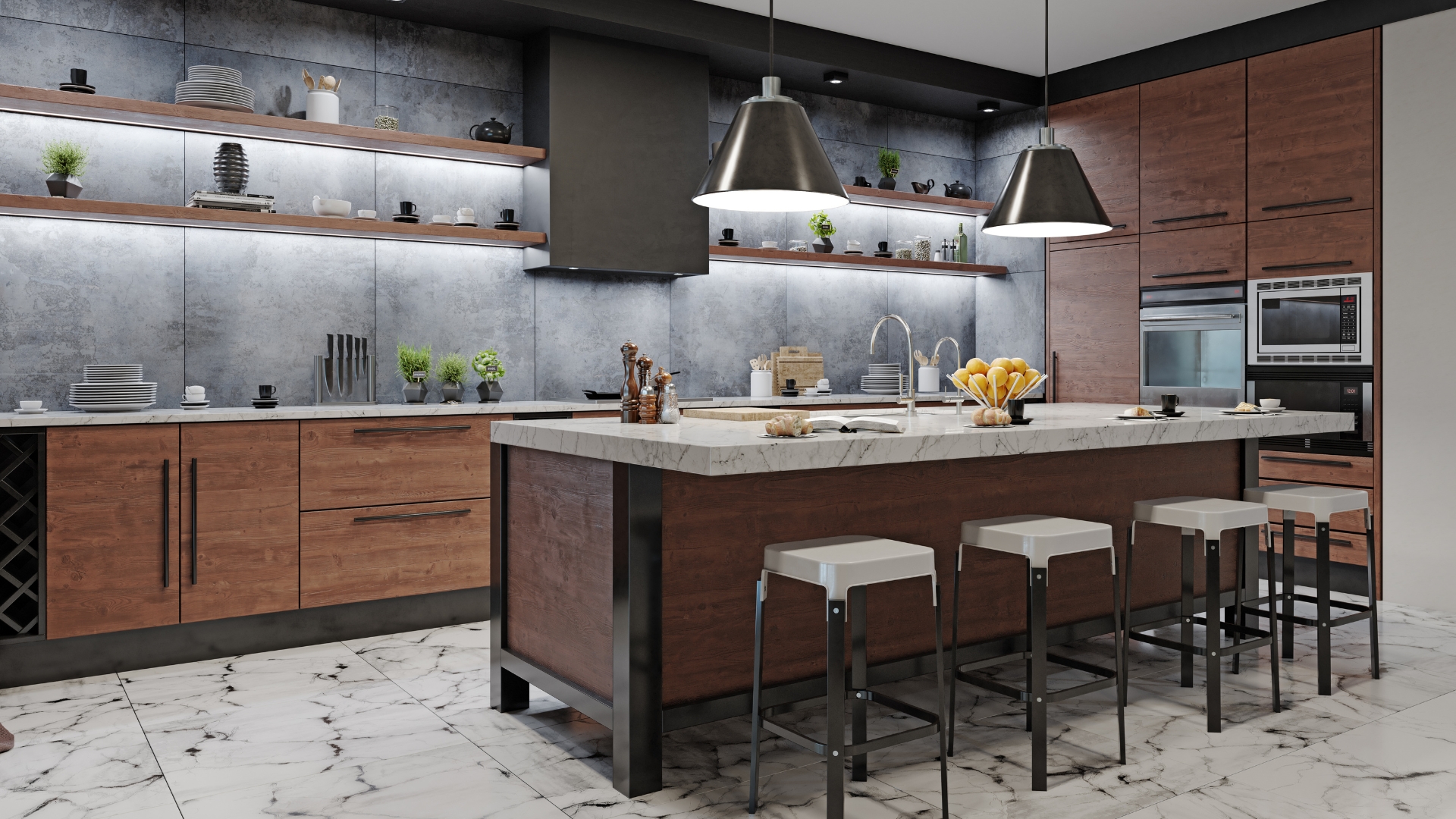 Stylish kitchen remodel showcasing a large island with seating, elegant backsplash, and integrated oven and microwave