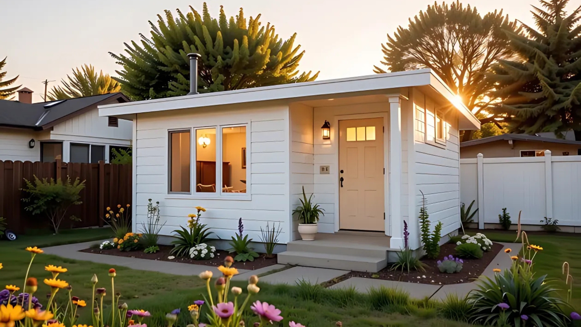 Modern white accessory dwelling unit Los Angeles with landscaped garden