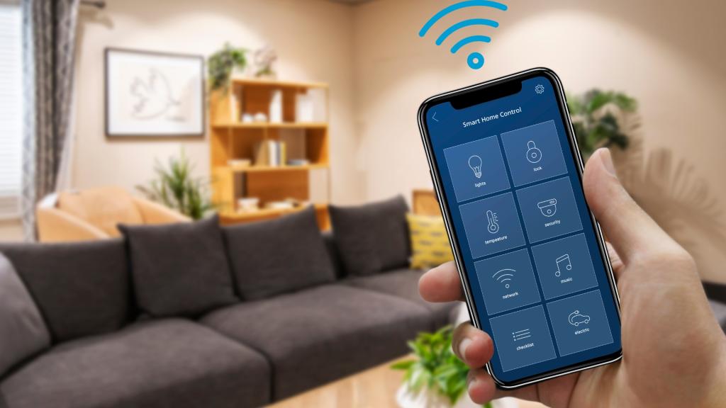 A person using smartphone to control smart home features
