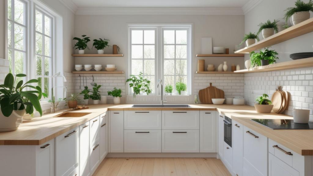 Airy white kitchen in Downey with sleek cabinetry and light wood accents