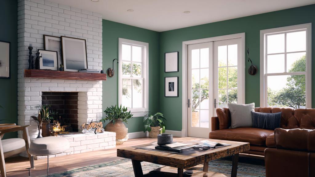 Living room interior design ideas in Malibu featuring white brick fireplace and leather sofa