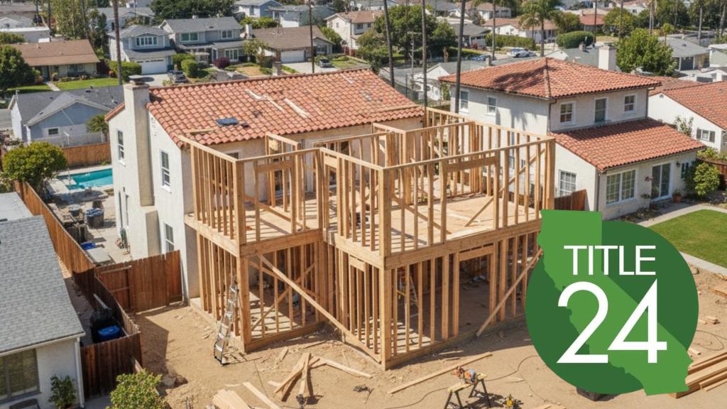 Ongoing home addition construction project in Los Angeles with Title 24 Energy Code logo