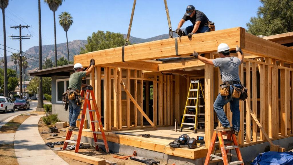 Residential construction team from Energize Builders working on wood framing for home additions Los Angeles