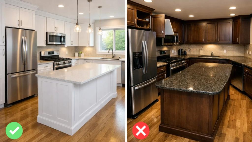 Kitchen layout mistakes comparison showing proper island spacing vs cramped design