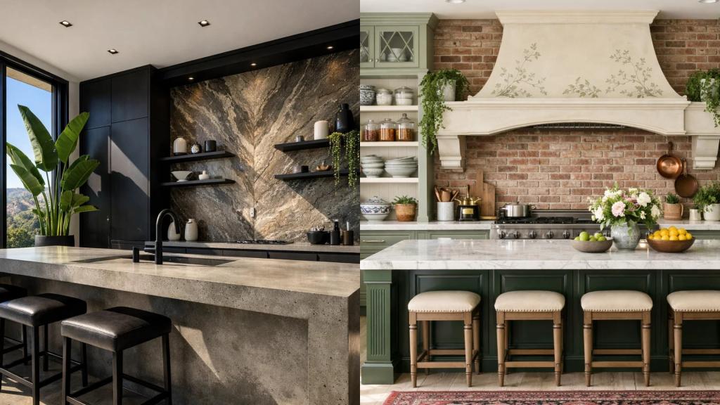 Split image of modern kitchen design on the left with minimalist style and traditional kitchen design on the right with brick backsplash and classic range hood