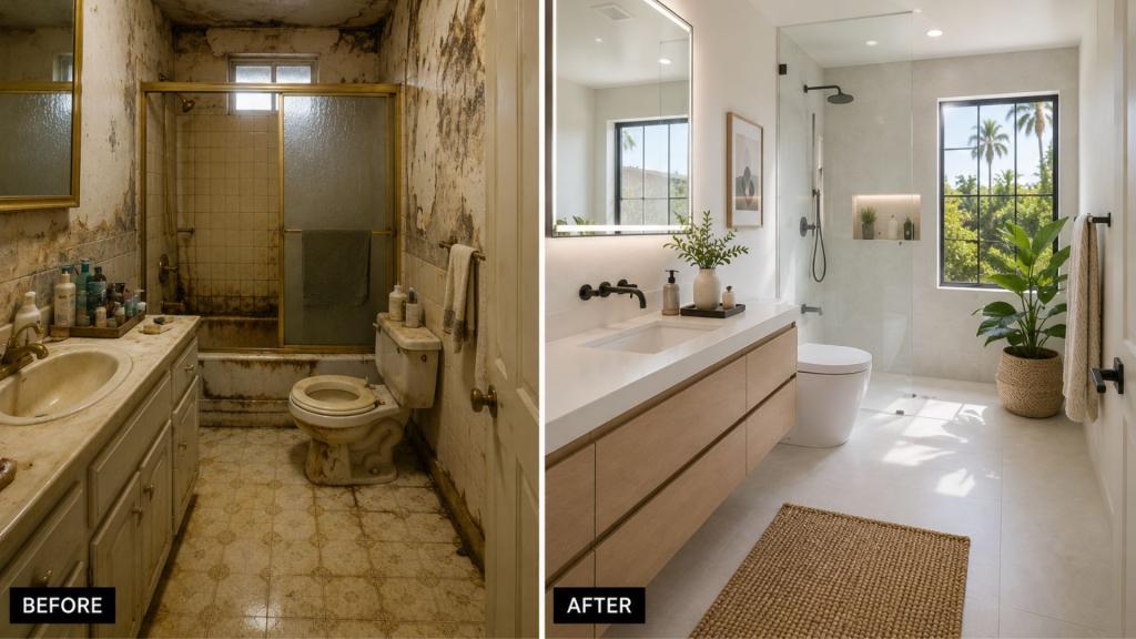 Before and after bathroom remodel showing outdated bathroom signs with pink tile, gold fixtures, and frosted shower door replaced with modern neutral tile, sleek vanity, glass shower, and updated fixtures for a refreshed look