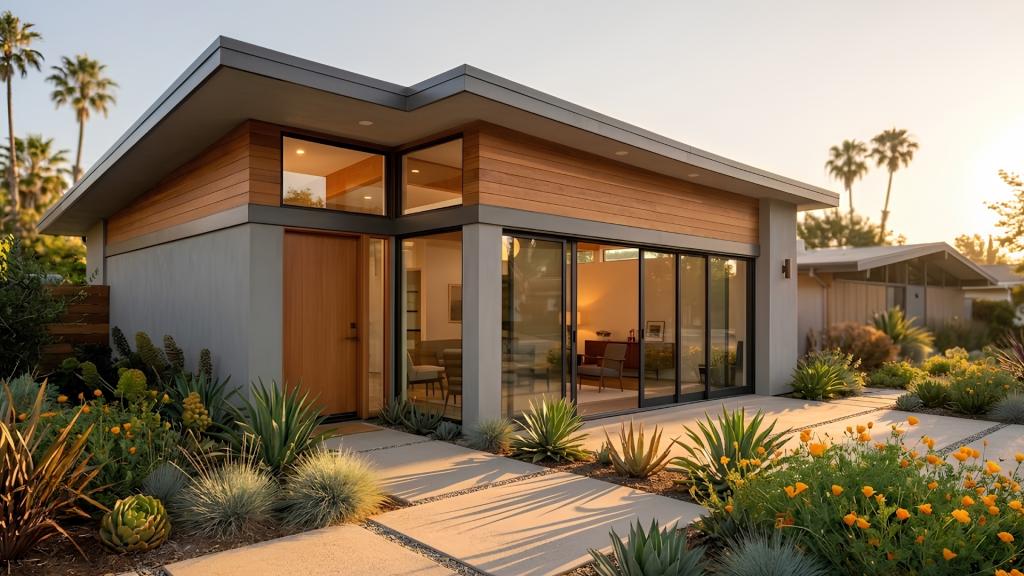 Contemporary detached ADU with large windows and drought-tolerant landscaping,