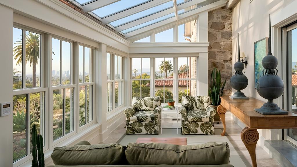Los Angeles room addition project showcasing a spacious home expansion with natural lighting, floor-to-ceiling windows, and a comfortable seating area