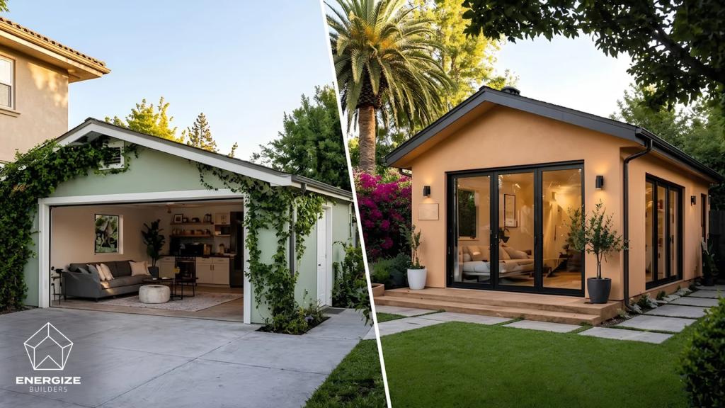 Garage conversion vs detached ADU comparison in Los Angeles featuring a remodeled garage and a separate backyard living unit