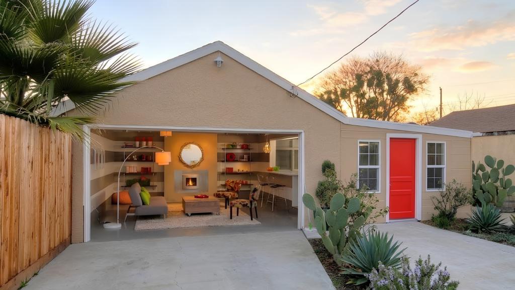 Garage conversion ADU in Los Angeles with a finished living area, kitchenette, seating space, and separate exterior entrance