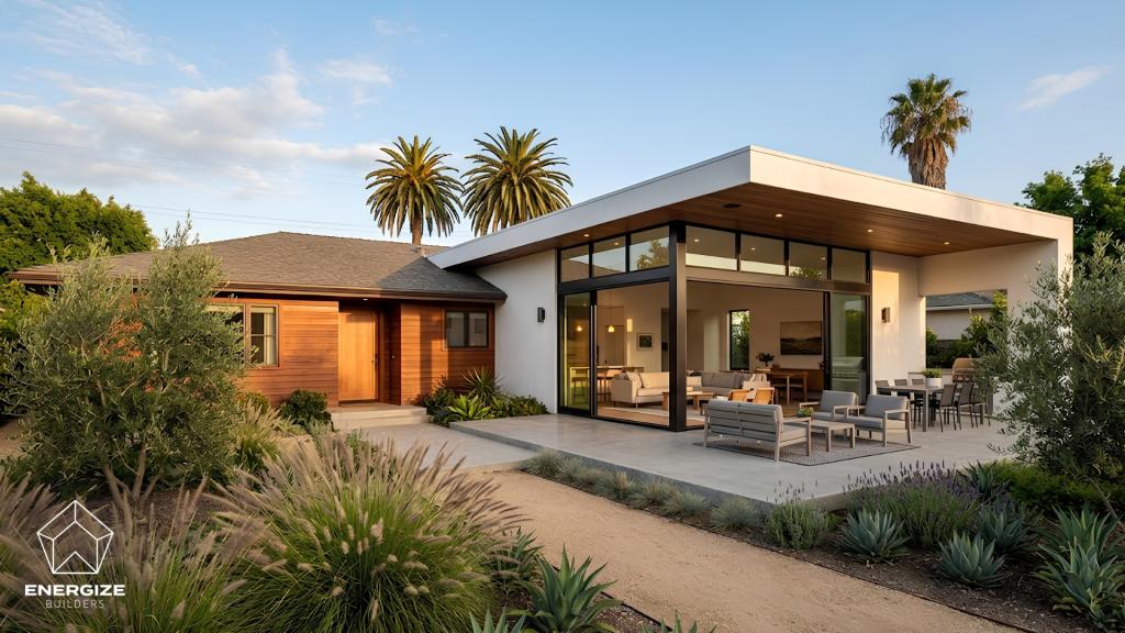 Modern home addition with large glass walls and outdoor living space for a guide about common home addition mistakes to avoid