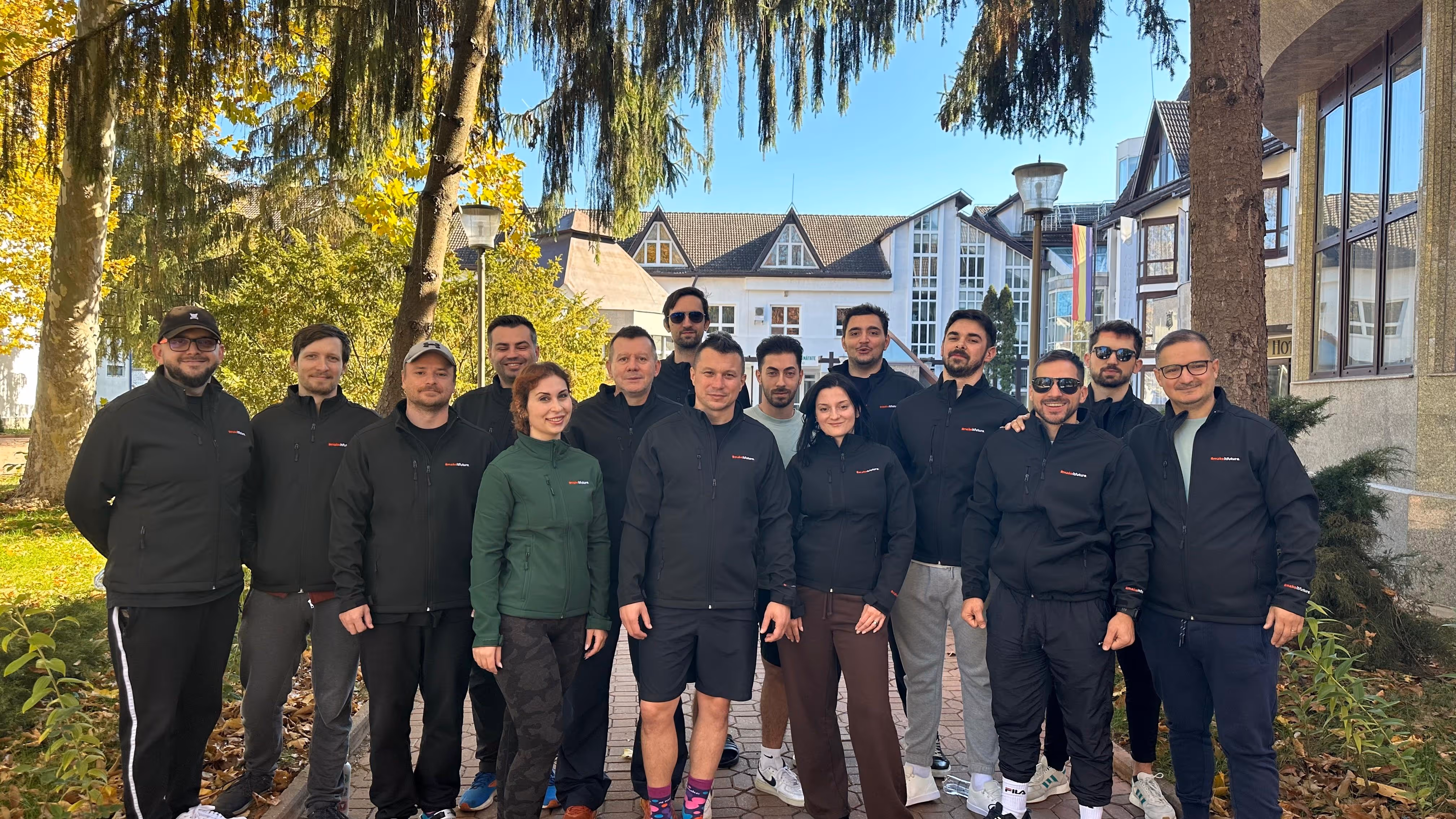 Makeitfuture team group photo outdoors from team building 