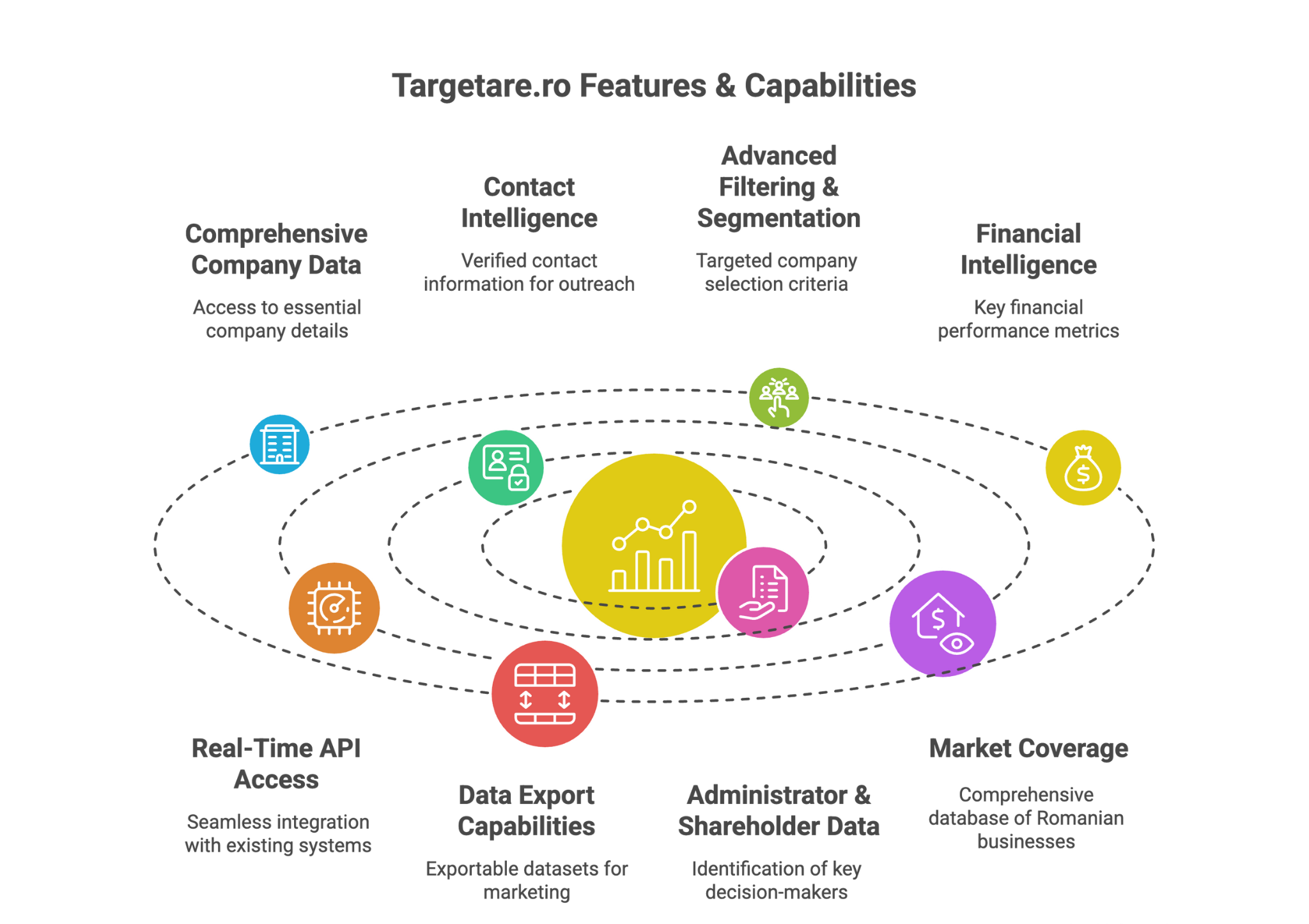 Targetare.ro Features & Capabilities - Makeitfuture integration services infographic showing comprehensive company data, contact intelligence, financial metrics, and API access