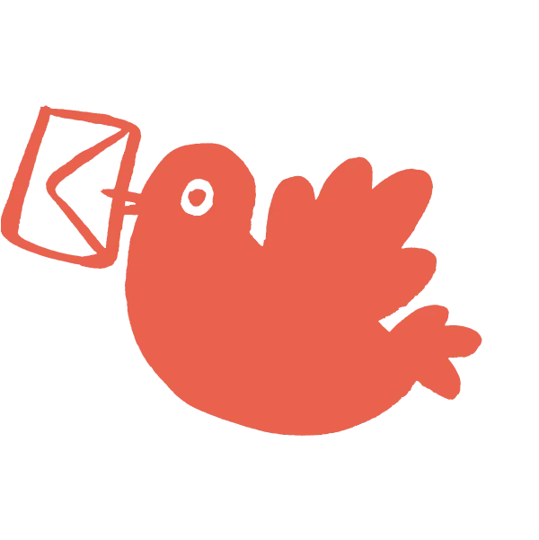 Red abstract bird holding an envelope in its beak, symbolizing message or mail delivery.