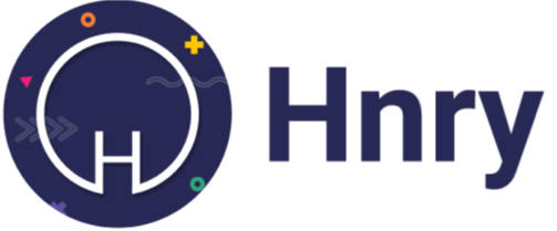 Hnry brand logo with stylized white 'H' inside a circle on a dark blue background with colorful geometric accents.