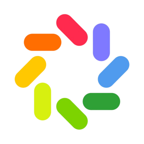 Circular arrangement of eight rounded rectangles in different colors: orange, red, purple, blue, green, and yellow hues.