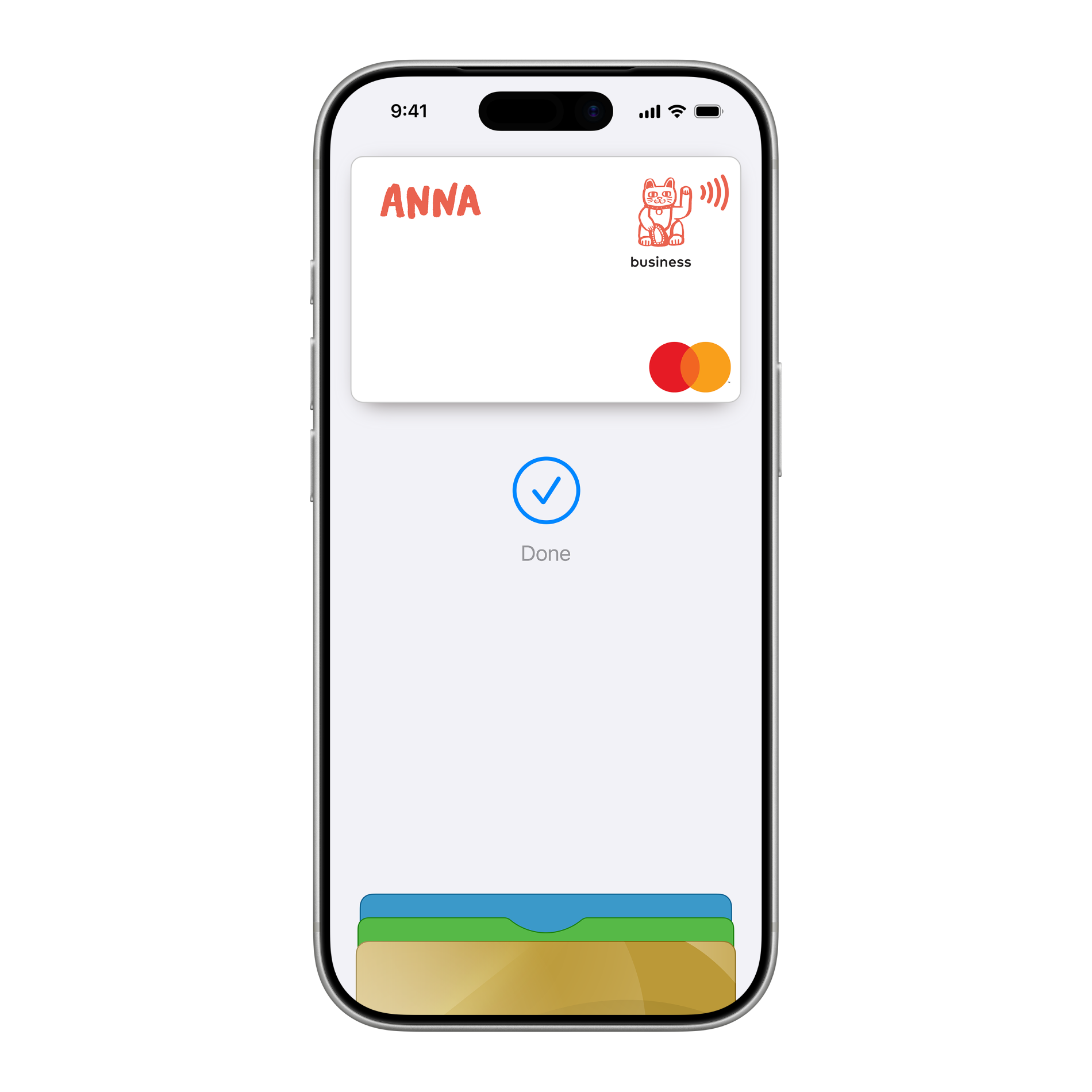 Mobile phone screen showing a digital business Mastercard with the name ANNA and a checkmark indicating completion.