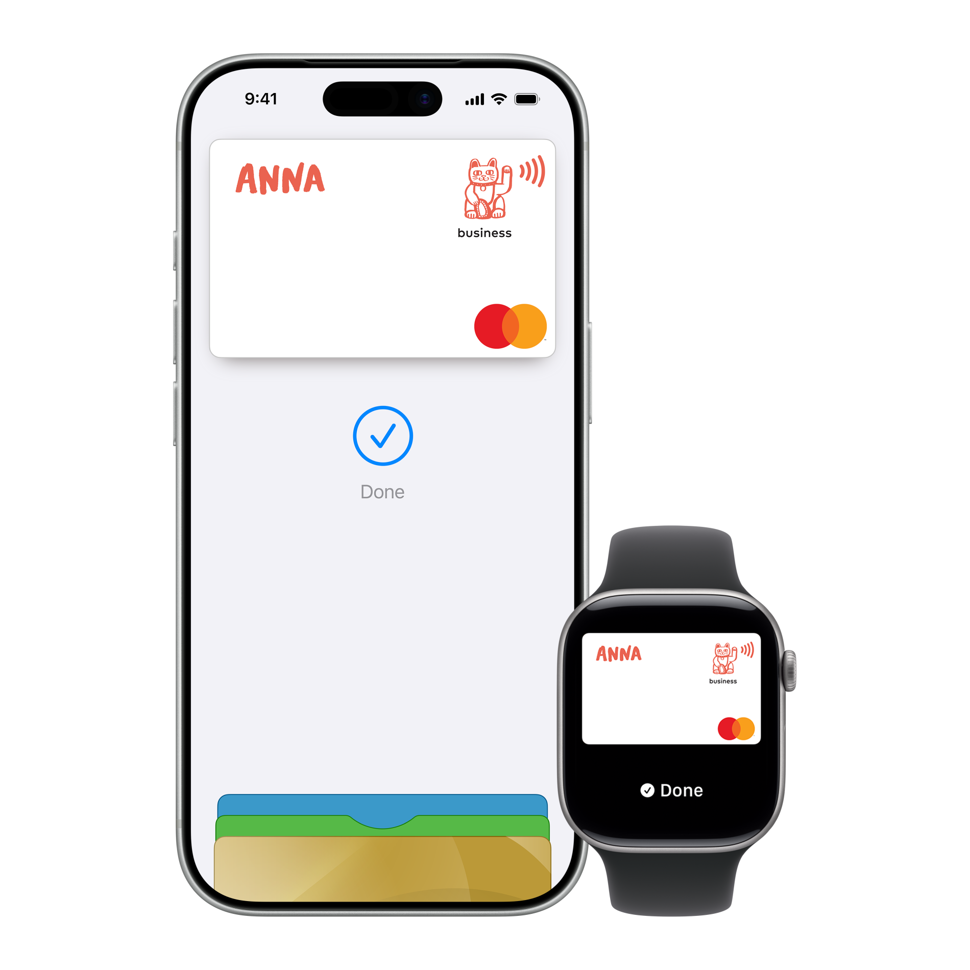 iPhone and Apple Watch showing a digital Mastercard labelled ANNA business with a checkmark and 'Done' indicating a completed payment.