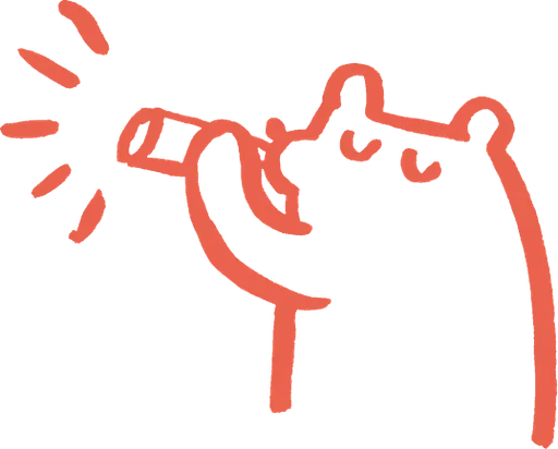 Simple red line drawing of a bear blowing a trumpet with sound lines coming out.