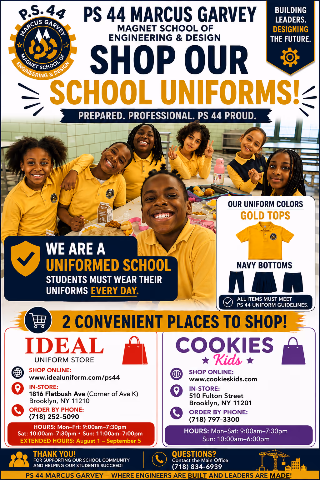 PS 44 Marcus Garvey school uniform flyer with students in gold tops