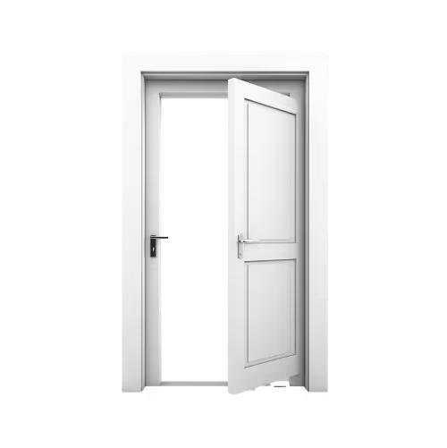 White interior door slightly open revealing a black background.