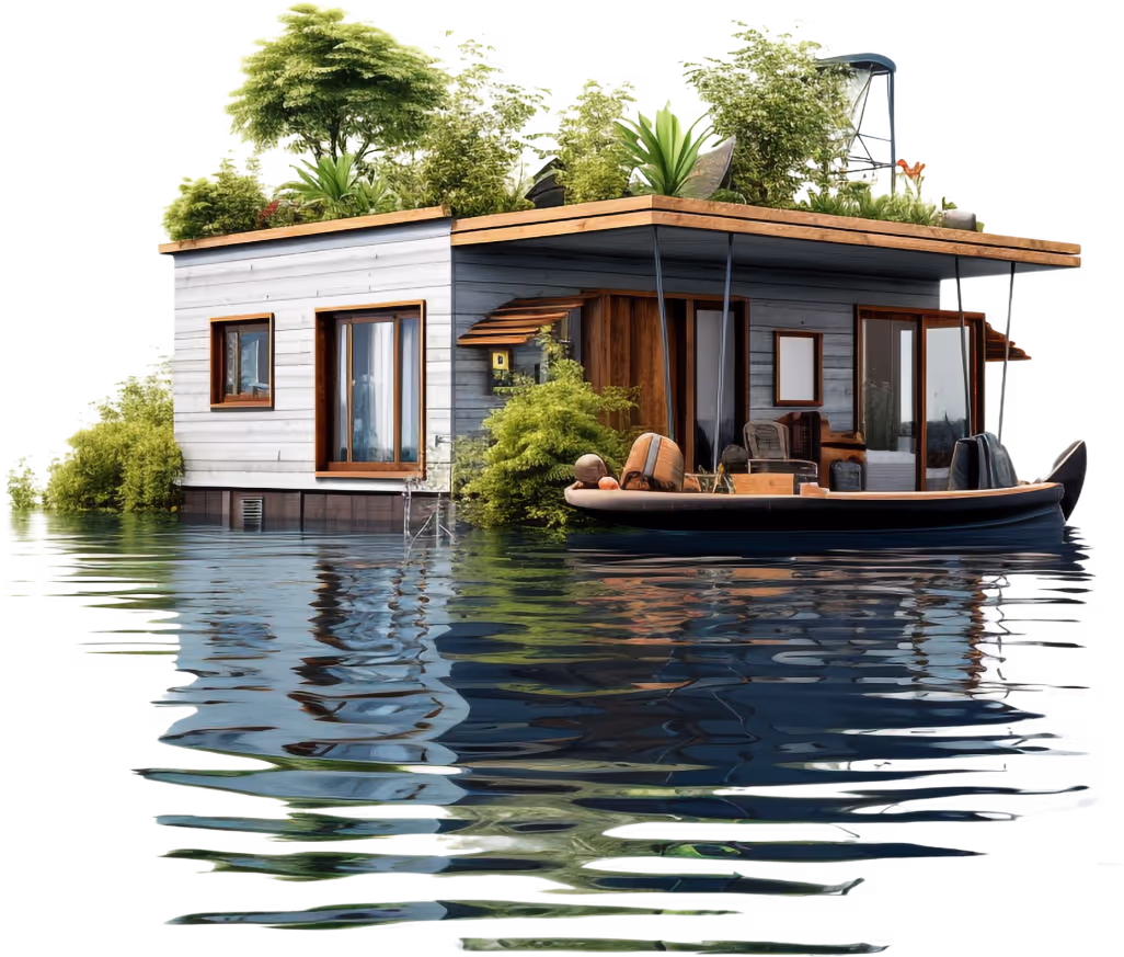 Modern floating house with wooden exterior, rooftop garden, and a small boat docked at the front on calm water.