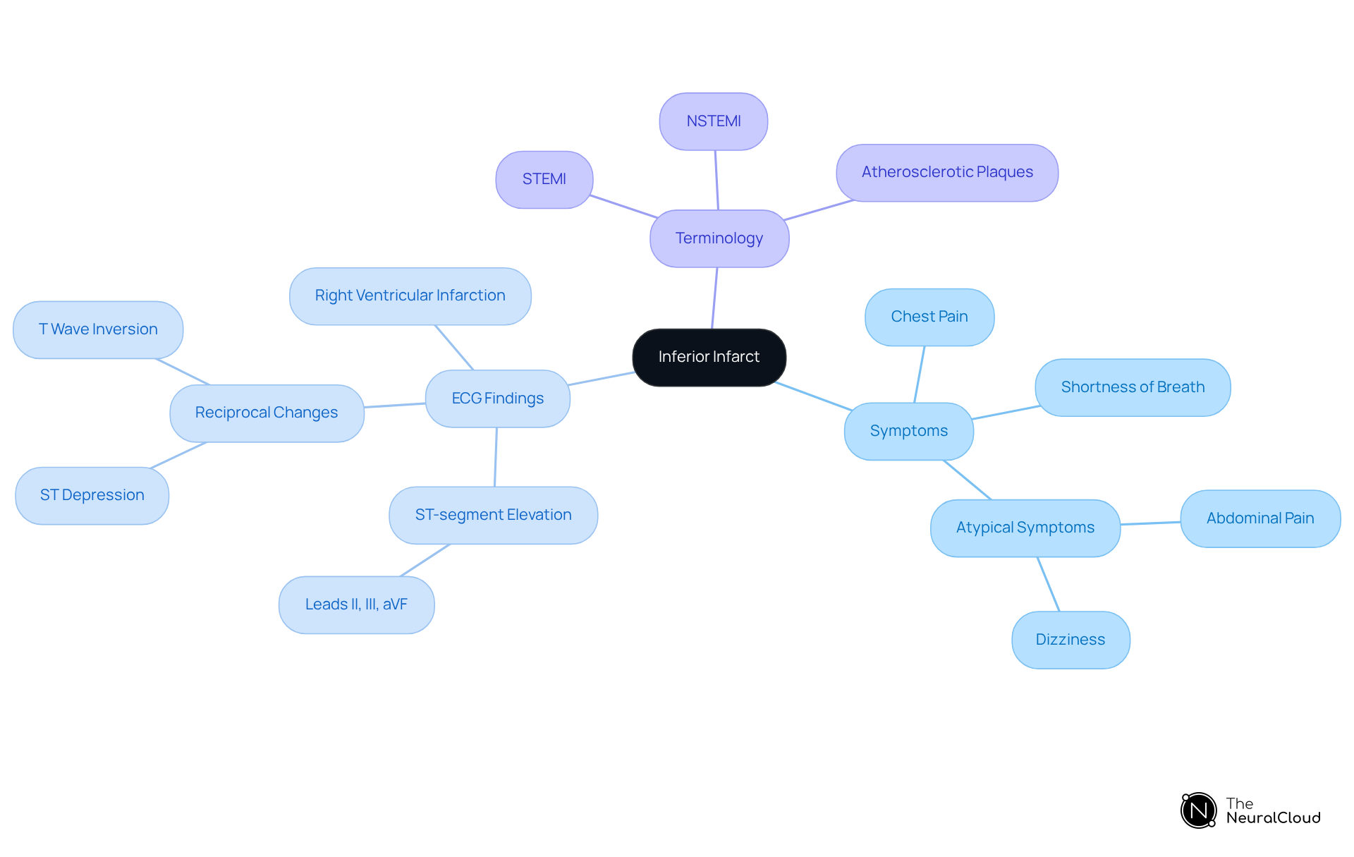 Start at the center with the main concept of inferior infarct, then follow the branches to explore symptoms, ECG findings, and important terminology. Each branch helps you understand a different aspect of the condition.