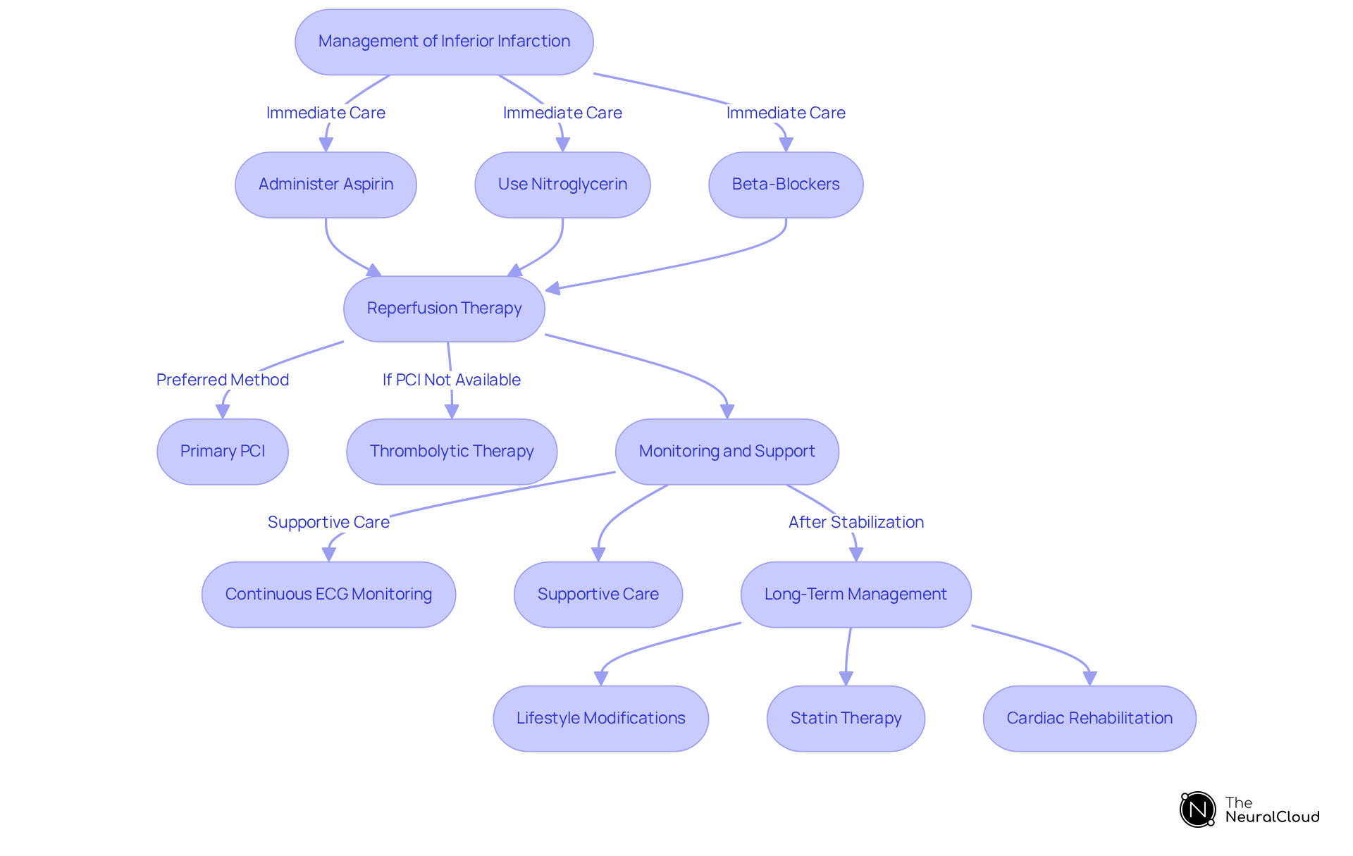 This flowchart guides you through the steps for managing inferior infarction. Each box represents an action or strategy to take, with arrows showing the order in which they should be implemented.