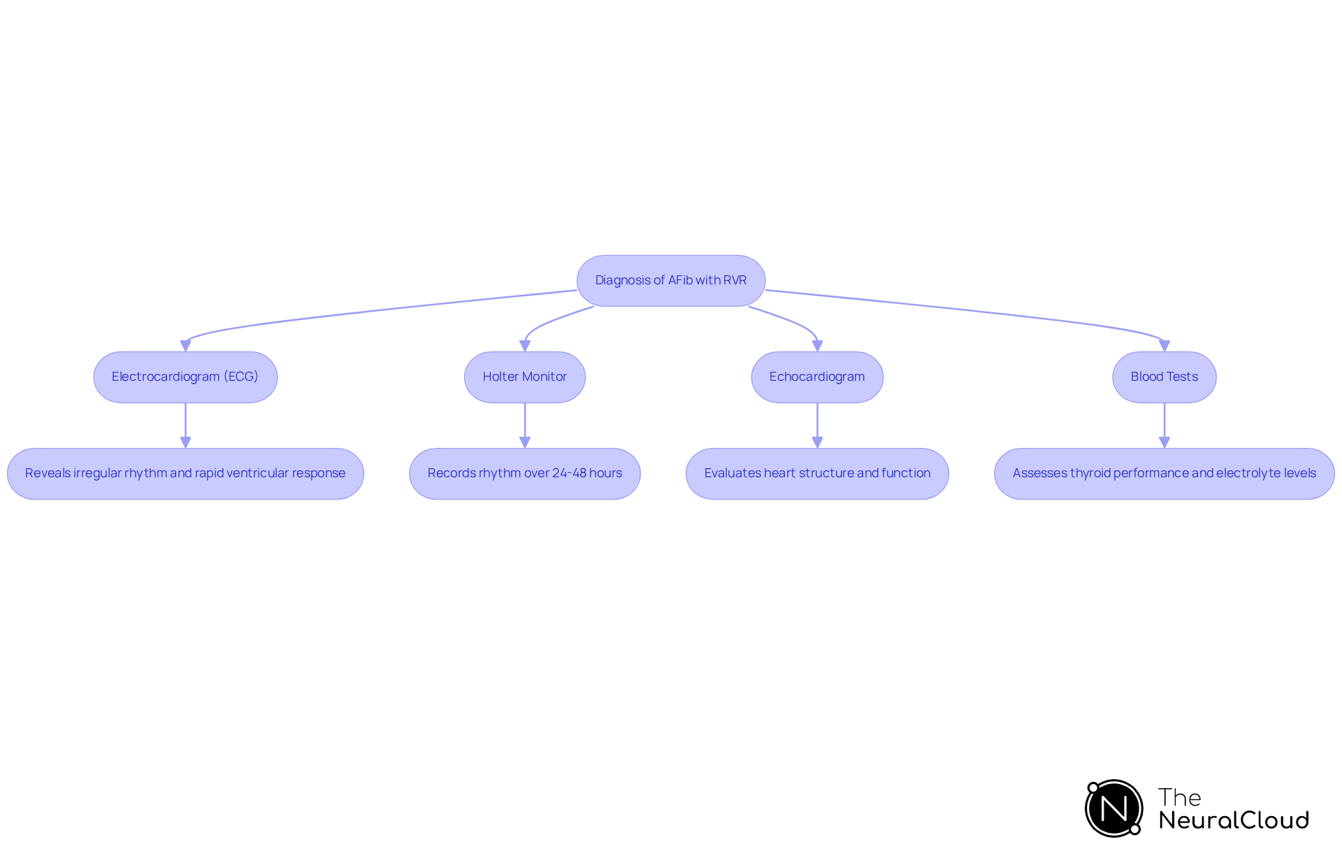 This flowchart guides you through the steps for diagnosing AFib with RVR. Each box represents a method, and the arrows show the order of operations. Follow the flow to understand what tools are used and how they connect in diagnosing this condition.