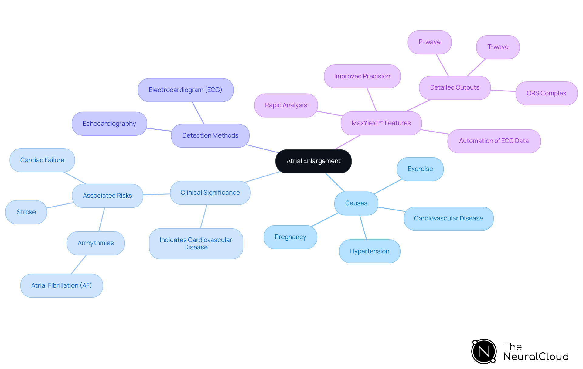 The central node represents atrial enlargement, with branches showing its causes, clinical significance, detection methods, and features of the MaxYield™ platform. Each branch and sub-branch helps illustrate the connections and importance of these elements.