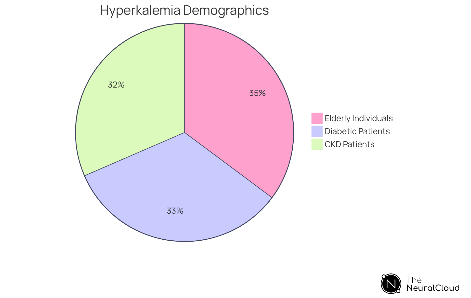 Each slice represents a group affected by hyperkalemia. The bigger the slice, the more significant the prevalence within that demographic. For instance, CKD patients represent the largest segment at 31.5%, indicating they are at a higher risk.