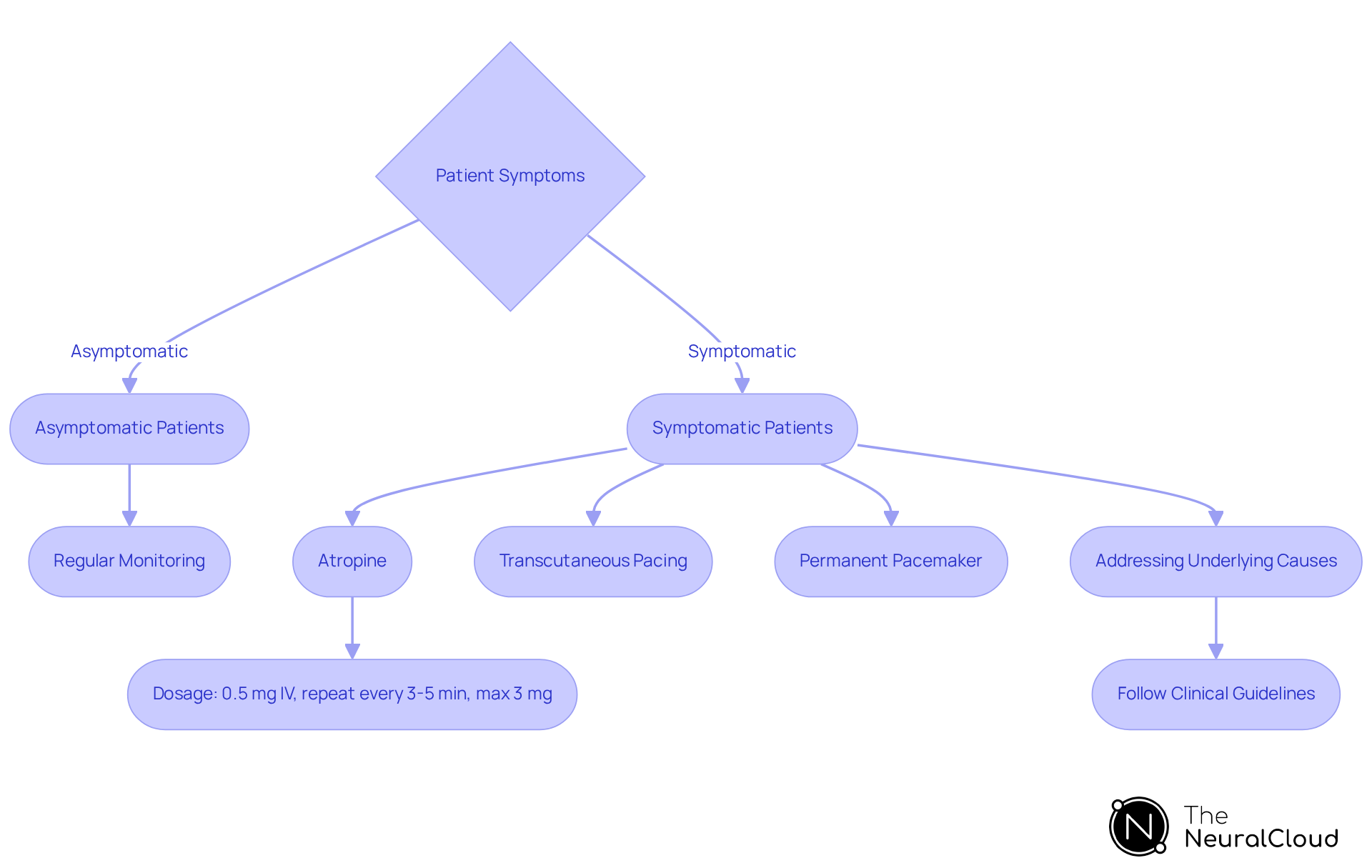 Follow the flow from patient symptoms to treatment options. Each path represents a decision point in managing bradycardia, ensuring that appropriate care is provided based on individual patient needs.