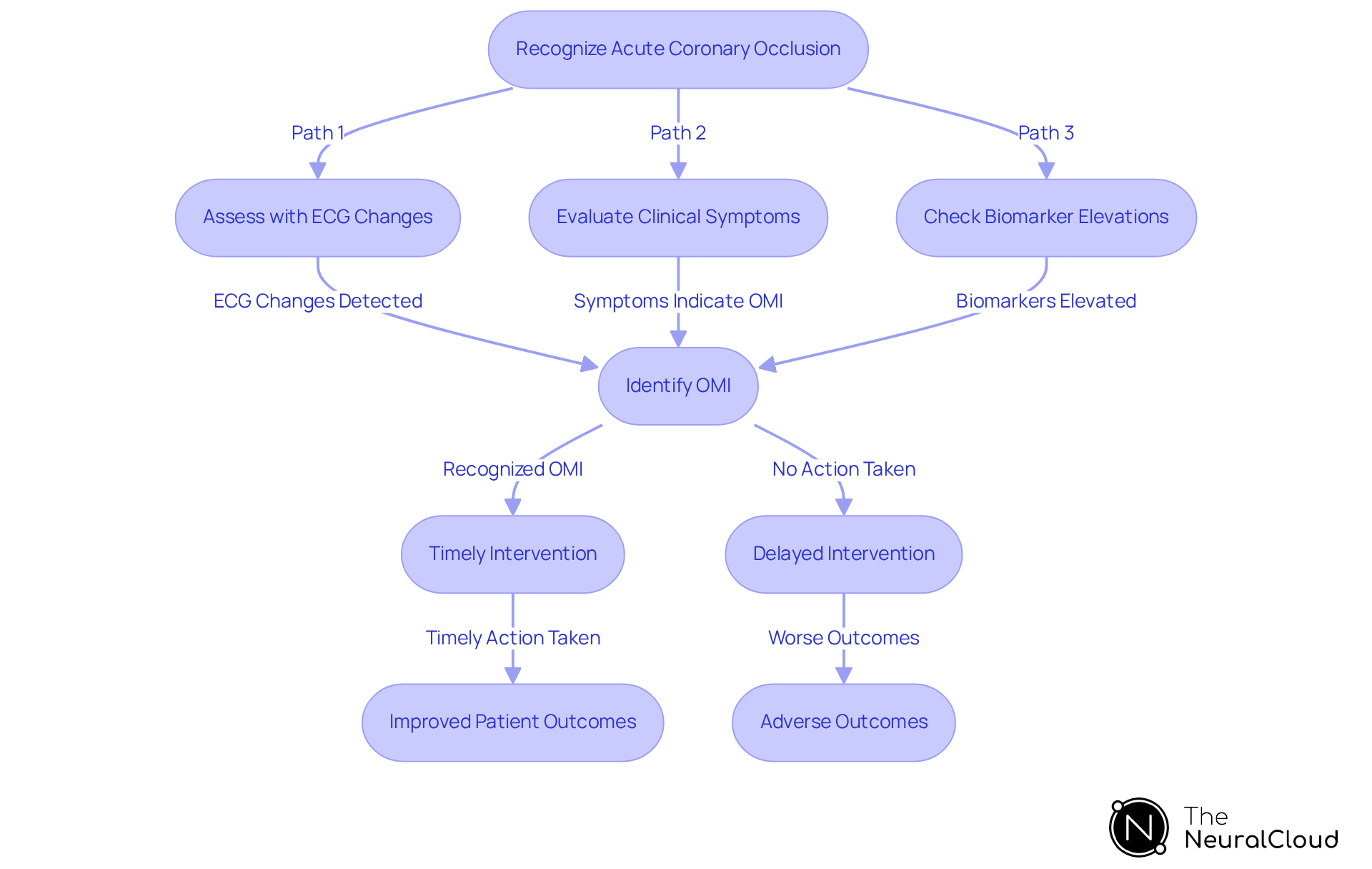 Follow the arrows to see how each diagnostic step contributes to recognizing OMI. Each branch represents a different assessment method, leading to improved patient outcomes when they are timely.