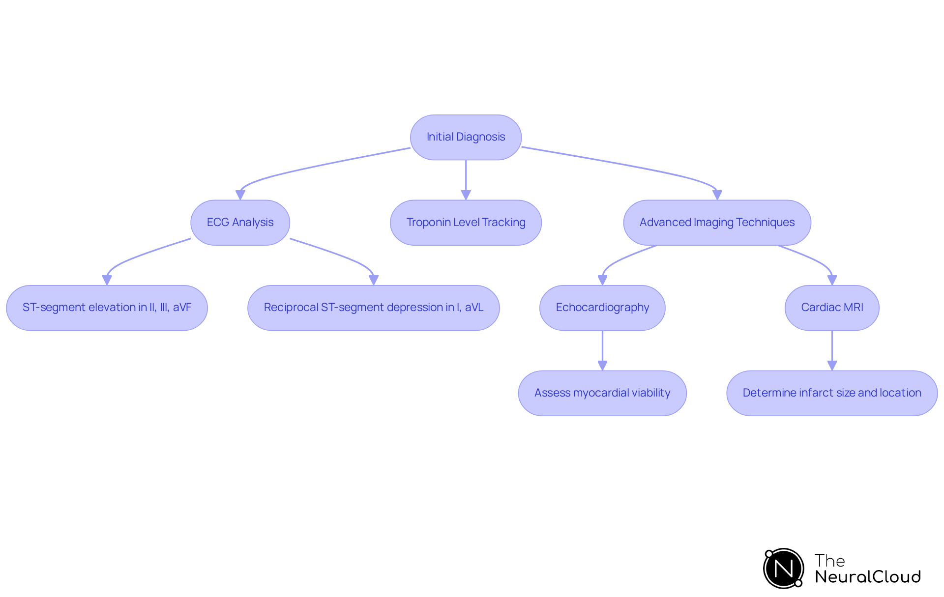 This flowchart guides you through the steps in diagnosing inferior wall infarction. Start at the top with 'Initial Diagnosis' and follow the arrows to see how ECG, troponin levels, and imaging techniques work together to provide a complete picture of heart health.