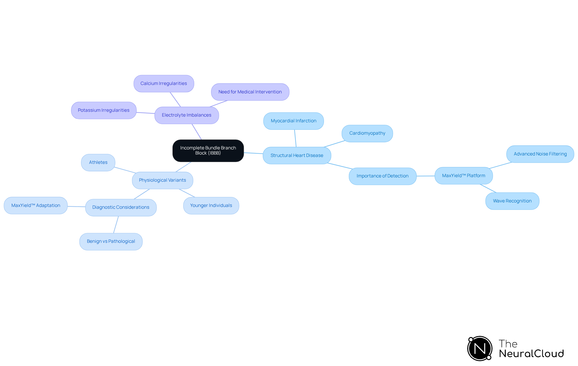 The central node shows the main topic, IBBB. Each branch represents a different cause of the condition, with additional details provided in sub-branches. This layout helps clarify how various factors relate to IBBB and their clinical importance.