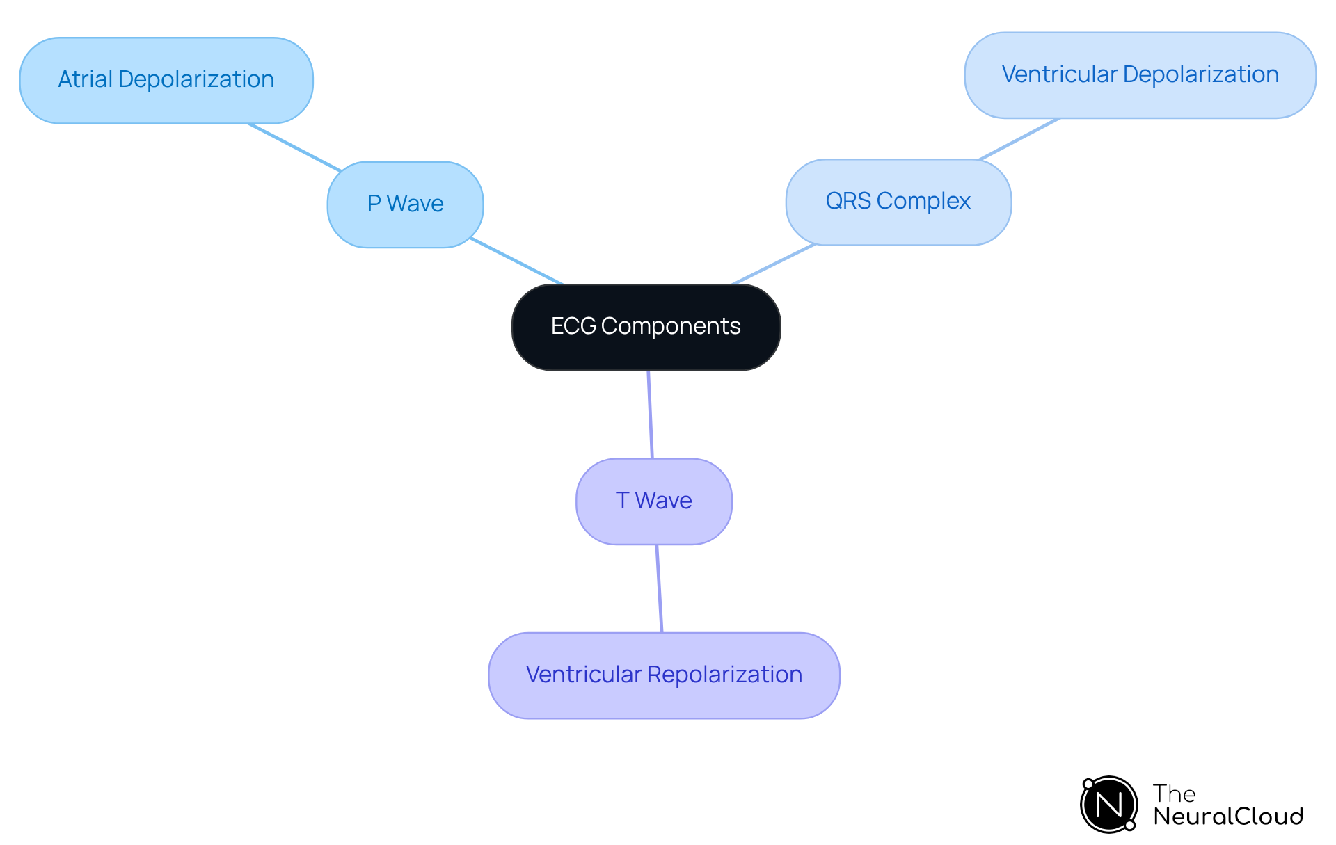 This mindmap starts at the center with ECG Components, branching out to show the specific parts of the ECG and what each one represents. Each color-coded branch helps you follow along and see how everything connects.