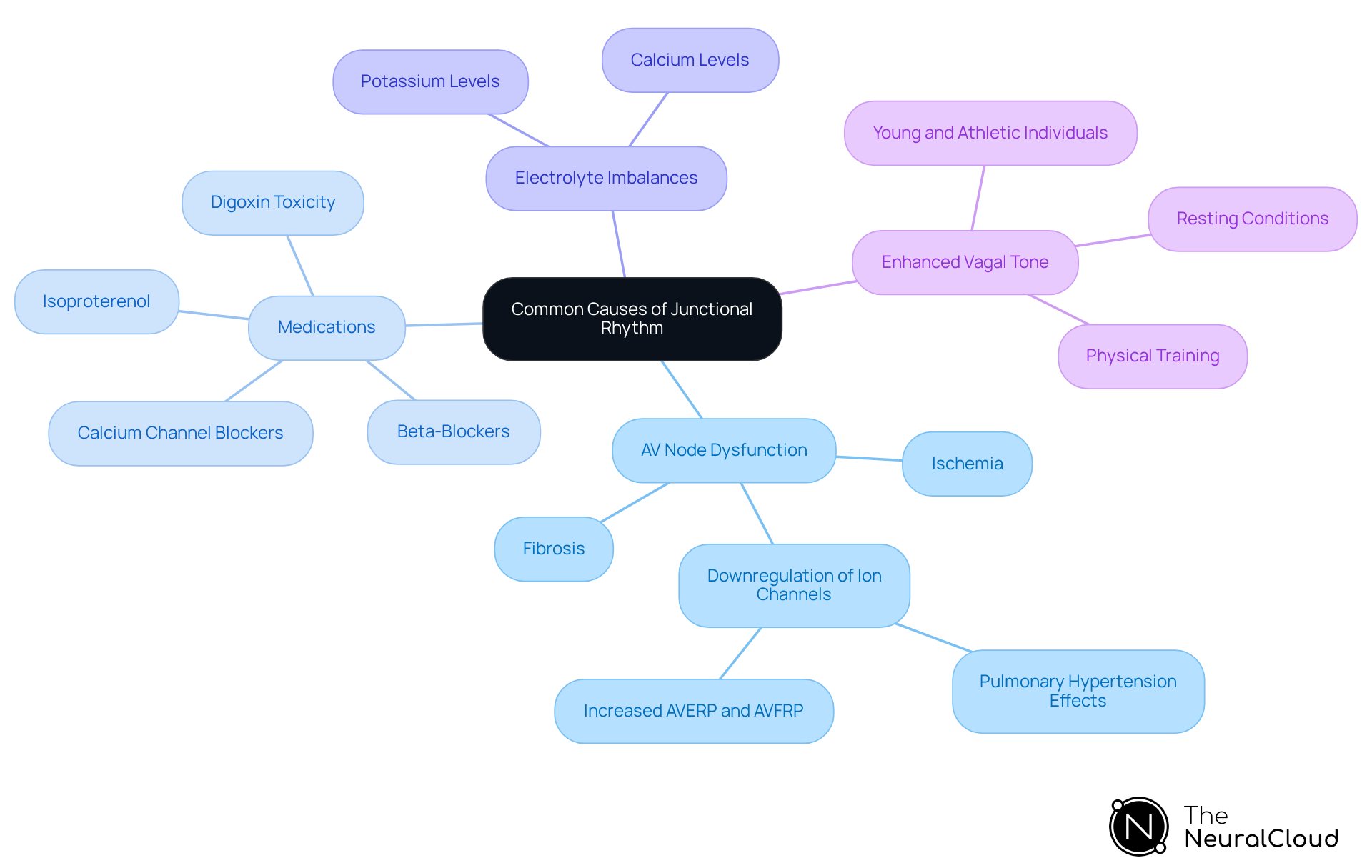 The central node represents the main topic, with branches illustrating different causes. Each color signifies a different category, helping you to easily navigate through the information about junctional rhythm.
