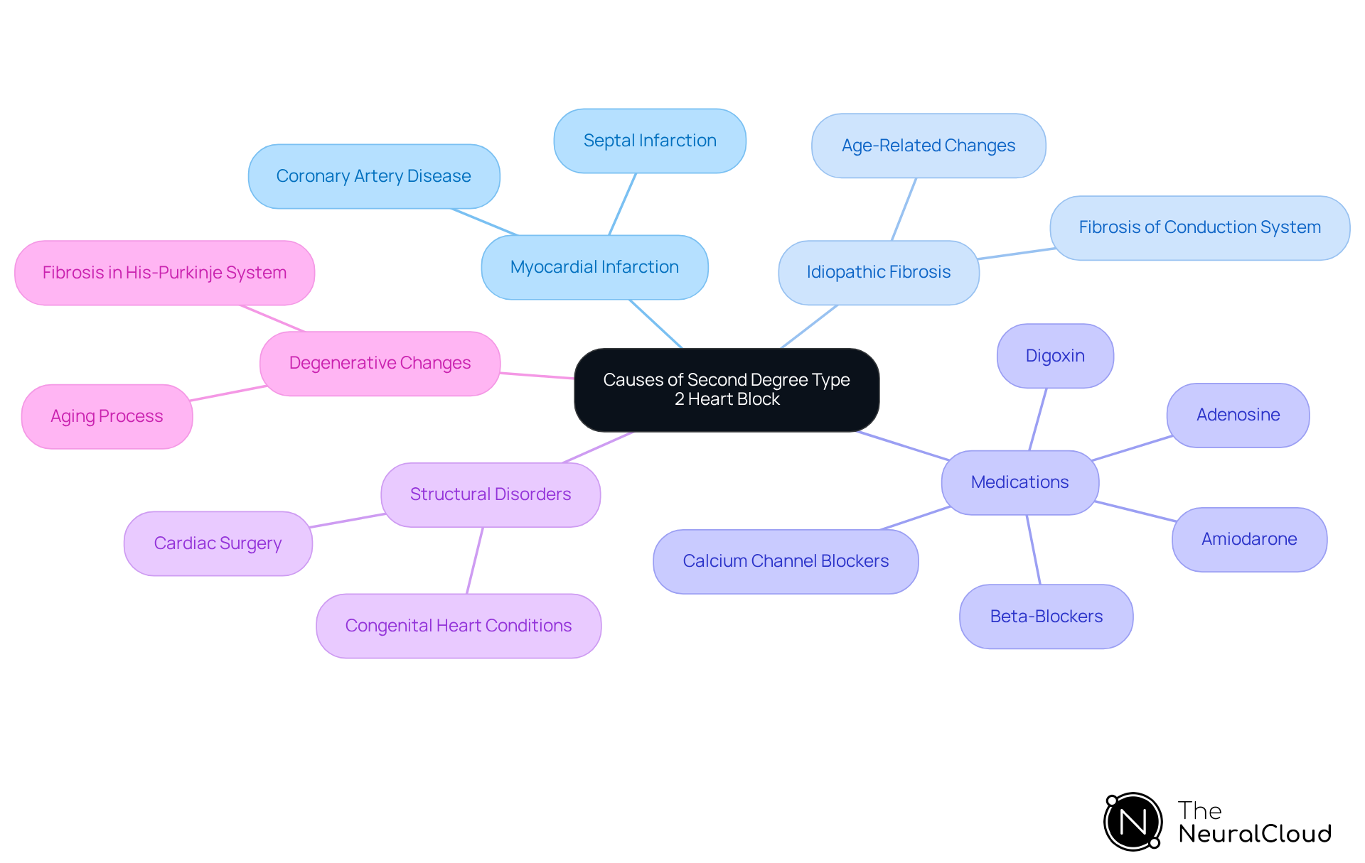 The central node represents the main topic, and each branch shows a different cause. Explore each branch to understand the various factors that can lead to this heart condition.