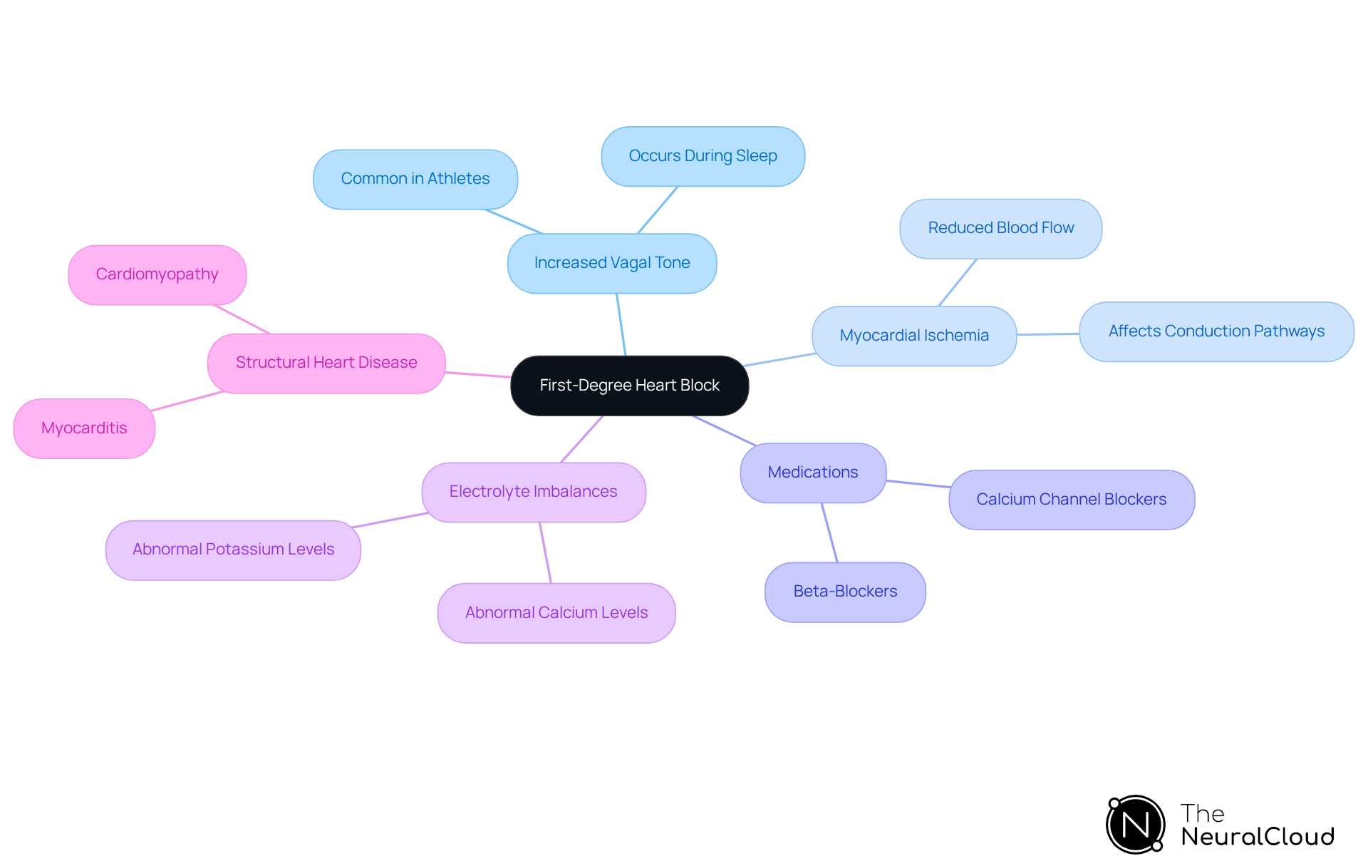 The central node shows the main topic, and the branches indicate various causes. Each color represents a different factor affecting heart block, helping you understand the complexity of the condition at a glance.