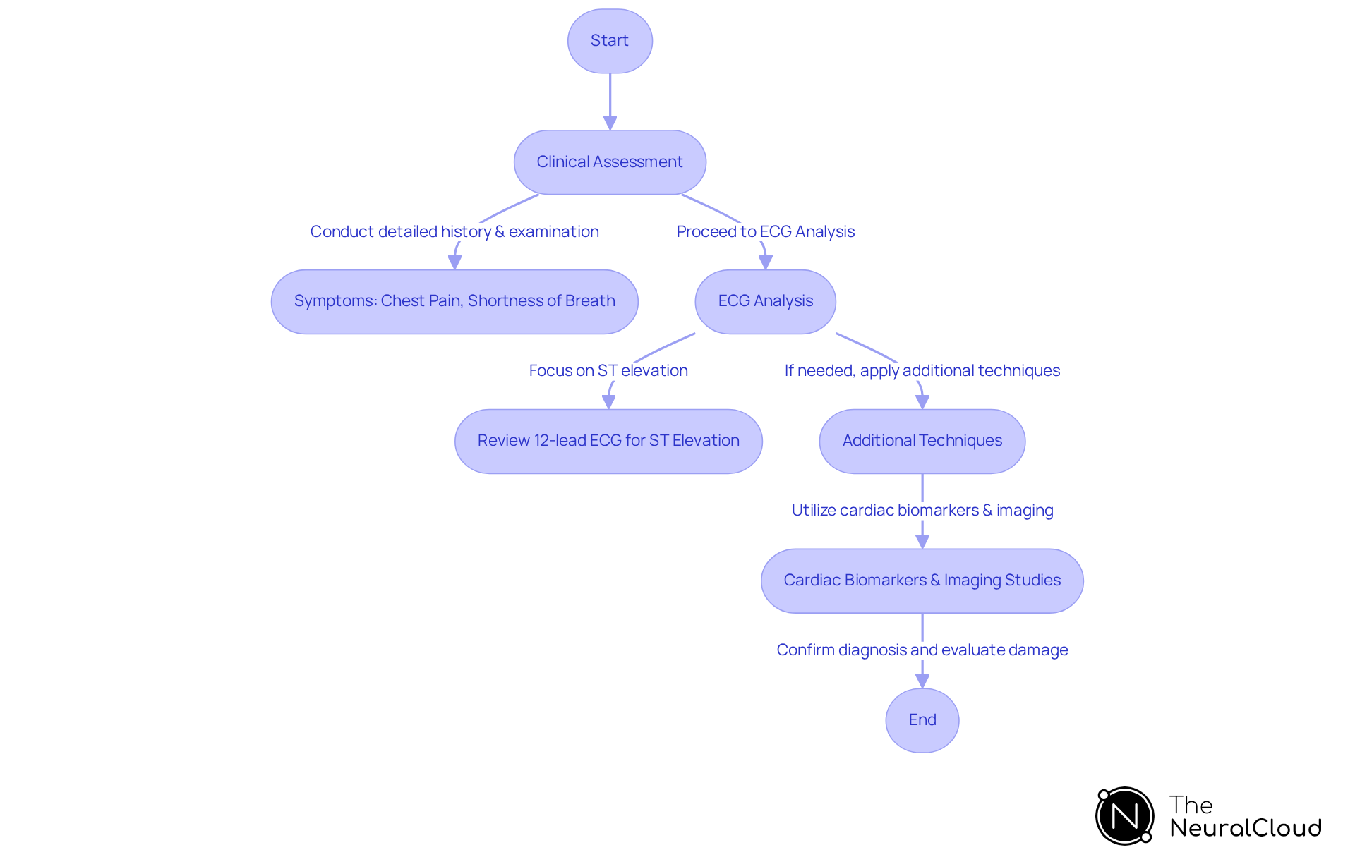 Each box represents a step in evaluating ST elevation: start with the clinical assessment, then proceed to ECG analysis, and finally apply additional diagnostic techniques. Follow the arrows to see how each step leads to the next.