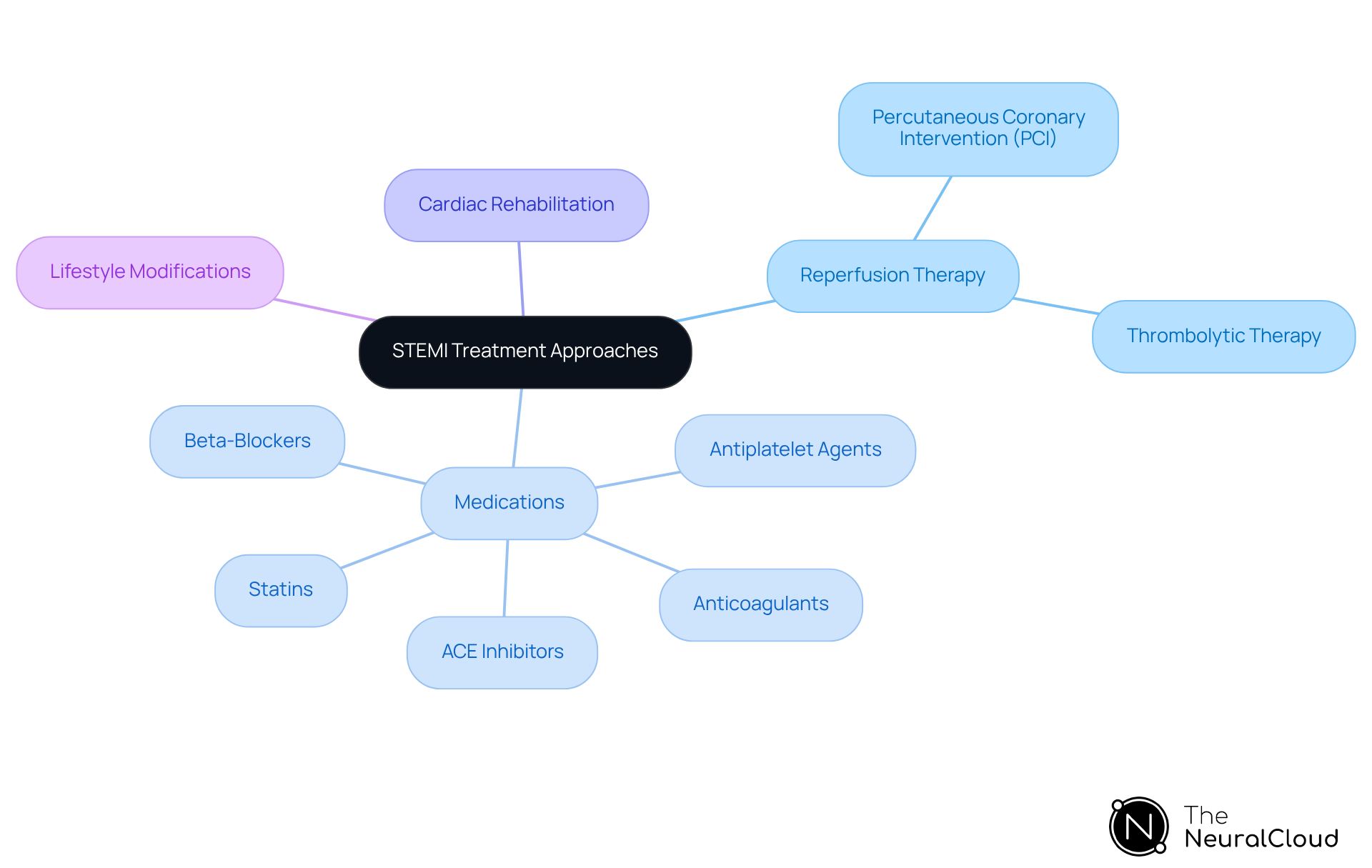 The center shows the main topic of STEMI treatment, with branches leading to different treatment methods. Each color represents a different category, helping you see how they connect to the overall management of STEMI. The center shows the main topic of STEMI treatment, with branches leading to different treatment methods. Each color represents a different category, helping you see how they connect to the overall management of STEMI.