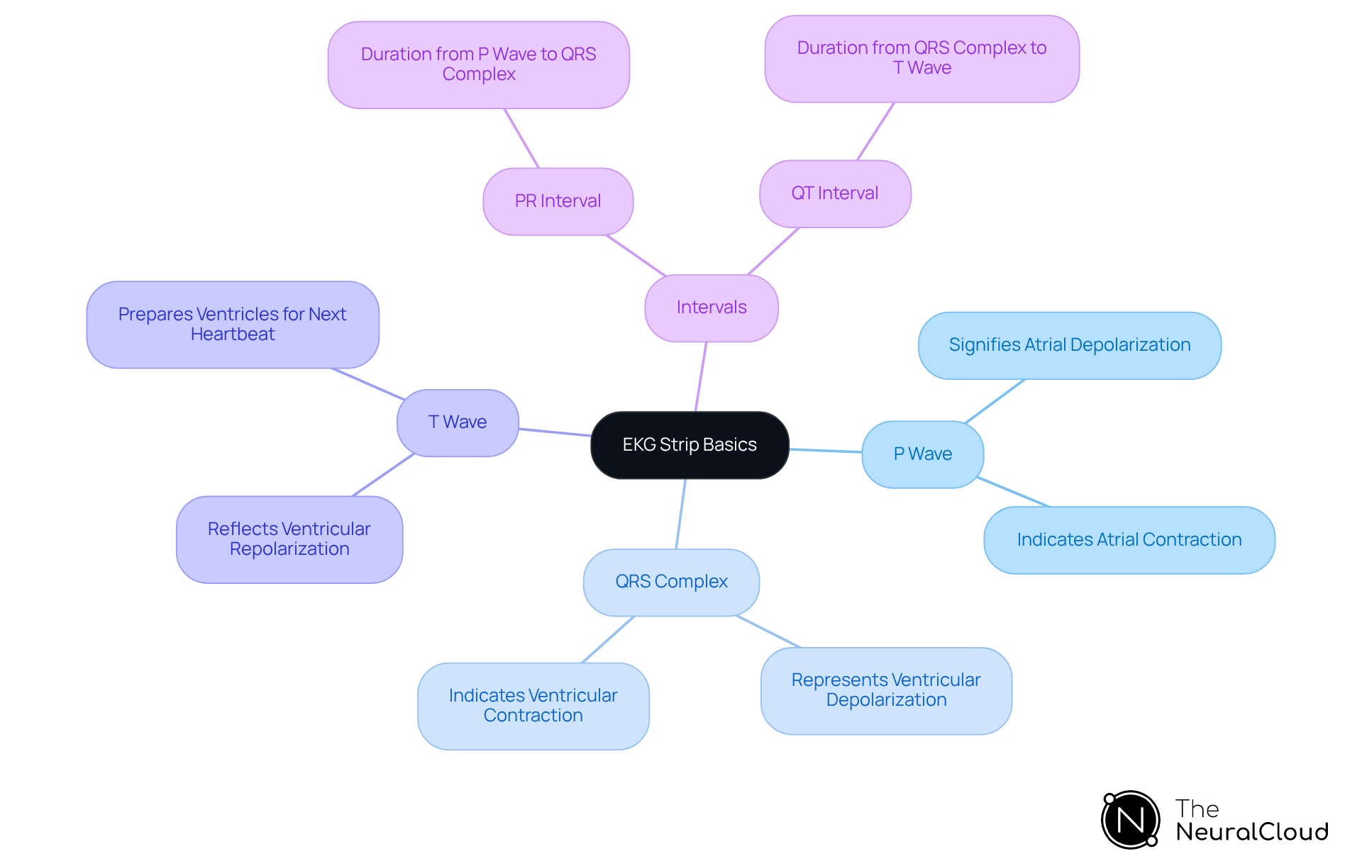 The central node represents the basics of EKG strips, while the branches show the key components and their roles in heart function. Each color-coded branch helps you quickly identify and understand the different parts of the EKG.