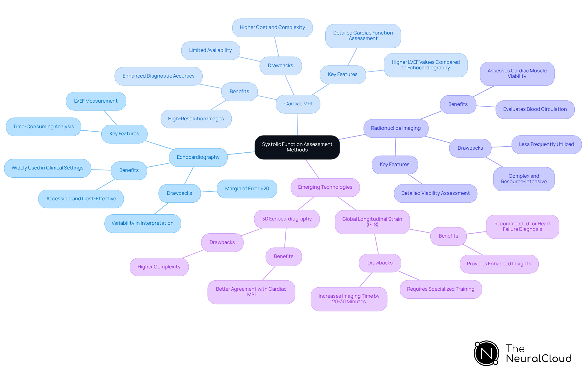 The central node represents the overall topic of systolic function assessment. Each branch shows a different method, with sub-branches providing details about their advantages and disadvantages. This layout helps you see how each method compares and what makes them unique. The central node represents the overall topic of systolic function assessment. Each branch shows a different method, with sub-branches providing details about their advantages and disadvantages. This layout helps you see how each method compares and what makes them unique.